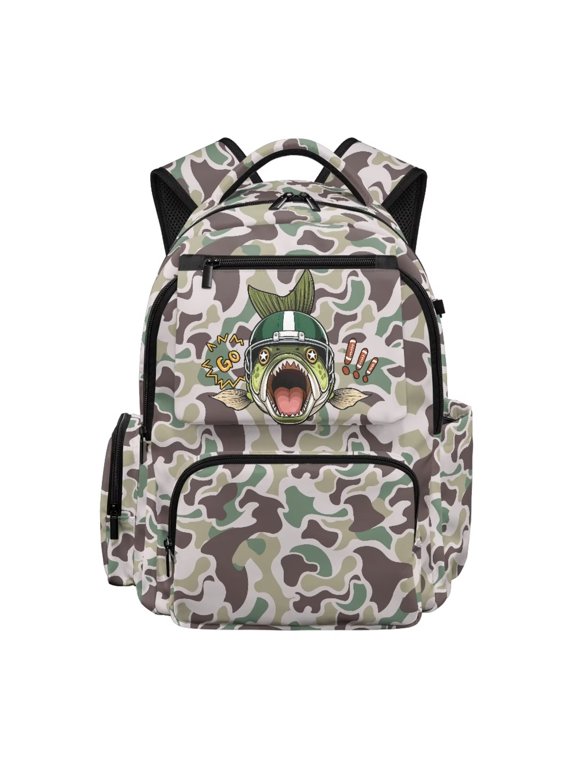 Green Camo Bass Fish Kids Backpack for Boys, Cool Sport Fishing Wildlife Print School Bag Lightweight/Breathable/Waterproof Multi-Pocket Book Bag for Back to School