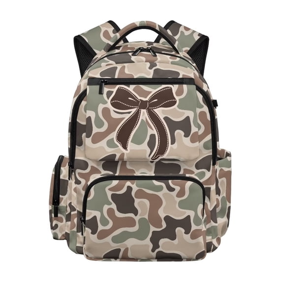 Bulopur Green Camo Kids Backpack for Girls Brown Bow Print School Bag Lightweight/Breathable/Durable/Waterproof Multi-Pocket Book Bag for Elementary Students