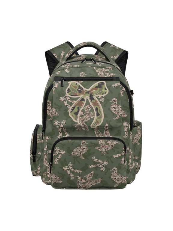 Green Duck Camo Kids Backpack for Girls Boys, Camo Bow Print School Bag Lightweight/Breathable/Durable/Waterproof Multi-Pocket Book Bag for Kids 6-12