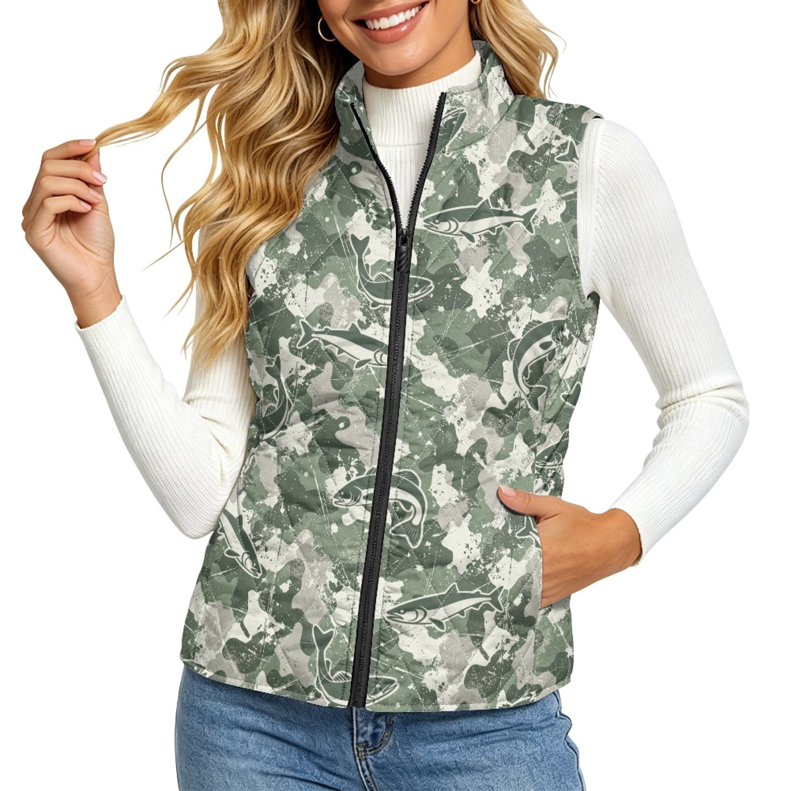 Green Machine Language Stand Bulopur Green Fish Camo Sleeveless Quilted Puffer Vest for Women Stand ...