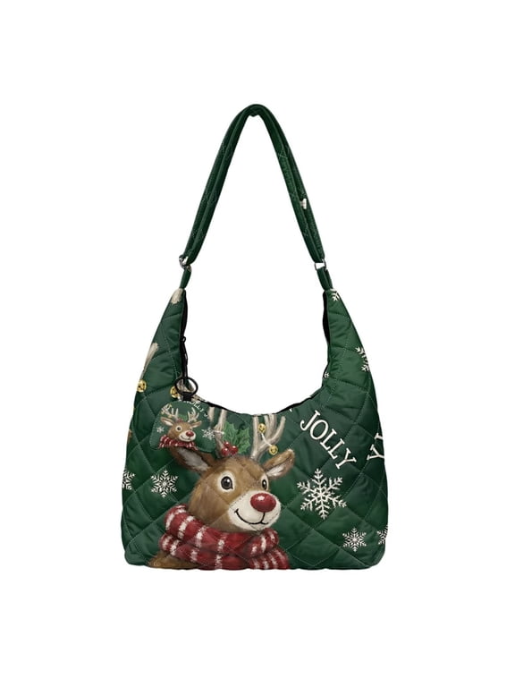 Green Jolly Reindeer Quilted Hobo Bag for Women Cute Tote Shoulder Purse with Matching Charm, Front Pocket, Fits 13" Laptop, for Holiday Party, Winter Travel, Gift for Wife