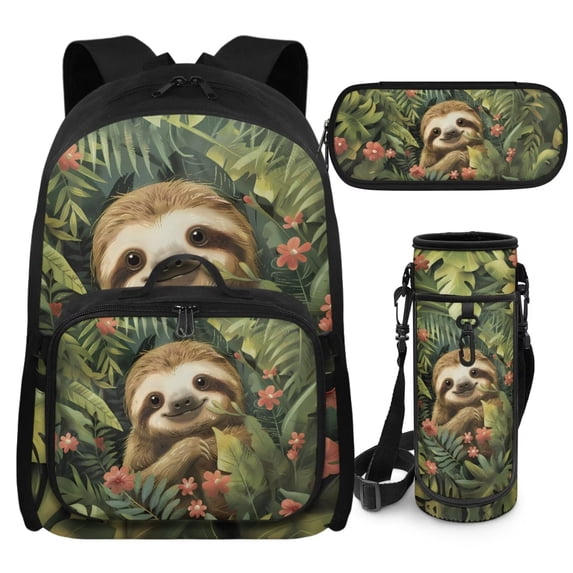 Bulopur Green Sloth Print Kids Backpack Set 4 Pcs Breathable Kids School Bag with Lunch Bag, Pencil Case and Water Bottle Cover for Rainforest Animal Lover Kids