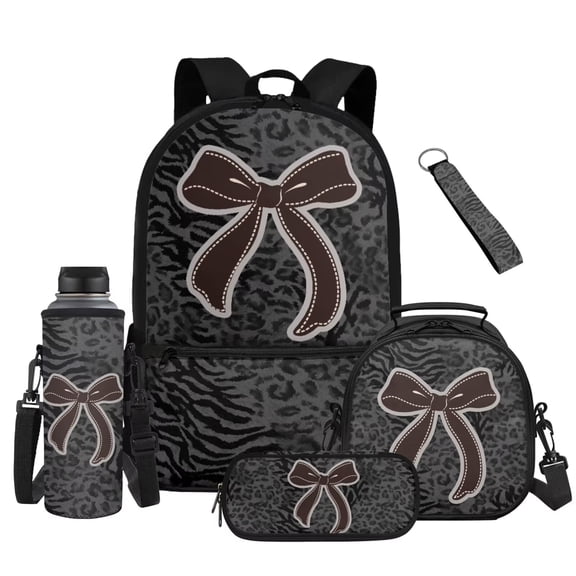 Bulopur Grey Leopard Zebra Brown Bow Kids Backpack Set 5 Pcs Edgy Trendy Book Bag with Lunch Bag, Pencil Case, Water Bottle Cover and Wrist Strap for Cool Teen Girls Ages 6-12