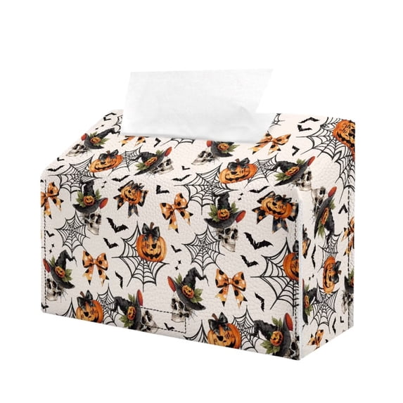 Bulopur Halloween Spider Web Bow Tissue Box Cover PU Leather Decorative Tissue Holder for Bathroom Vanity Bedroom Car Interior Cute Spooky Decor