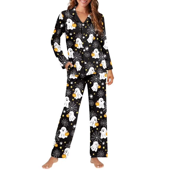 Bulopur Halloween Women 2 Piece Pajama Set Ghost Pumpkin Spider Web Print Lightweight Long Sleeve Sleepwear Casual Home Nightwear Gift For Wife