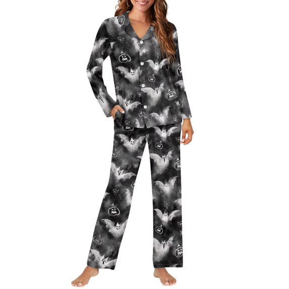 Bulopur Halloween Women 2 Piece Pajama Set Tie Dye Bat Pumpkin Breathable Button Pajama Gothic Fall Loungewear Cozy Relax Fit Sleep Set