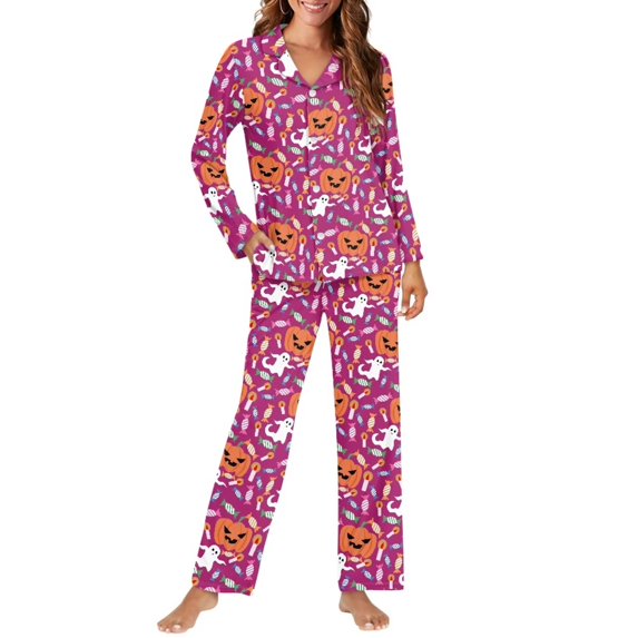 Bulopur Halloween Women Pajama 2 Piece Set Pumpkin Ghost Candy Print Sleep Suit Fun Halloween Party Loungewear All Season Comfort Pajamas