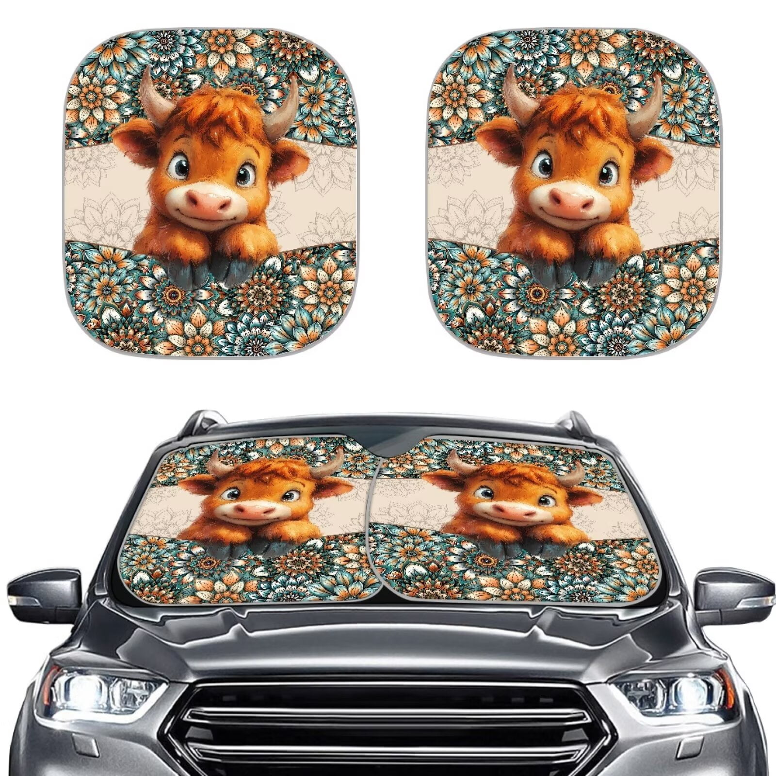 Bulopur Highland Cow Boho Floral Car Sun Shade Windshield Block UV Rays ...