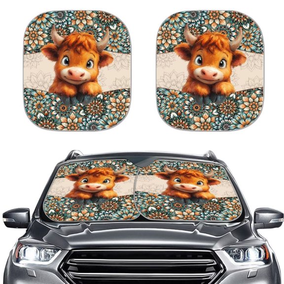 Bulopur Highland Cow Boho Floral Car Sun Shade Windshield Block UV Rays Front Windshield Sun Shade Keep Your Carseat at a Cooler Temperature Automotive Window Sunshades for Cars, 2 Pcs