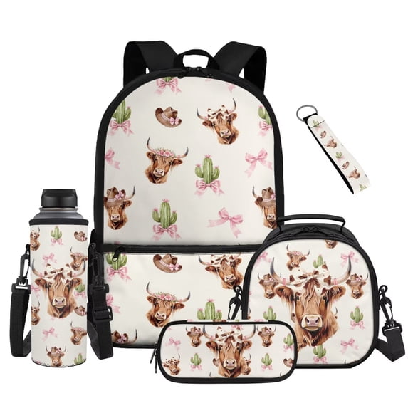 Bulopur Highland Cow Bow Kids Backpack Set 5 Pcs Cute Farm Book Bag with Lunch Bag, Pencil Case, Water Bottle Cover and Wrist Strap for Highland Cow Lover Girls Ages 6-12
