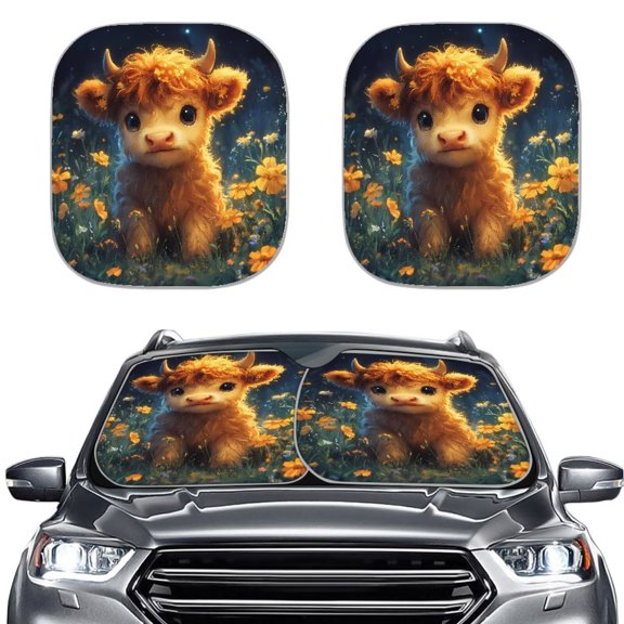 Bulopur Highland Cow Floral Car Windshield Cover Sun Shade Prevent Sunlight Cute Windshield Sun Shade Easy to Use Automotive Sunvisor Protector Fit Most Trucks Vans SUVs