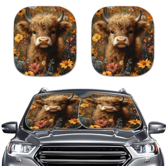 Bulopur Highland Cow Floral Windshield Sun Shade Protect Vehicle from UV Sun Windshield Visor Sun Shade Easy Installation 2 Pieces Front Window Sunshade Sun Visor Protector for Most Cars