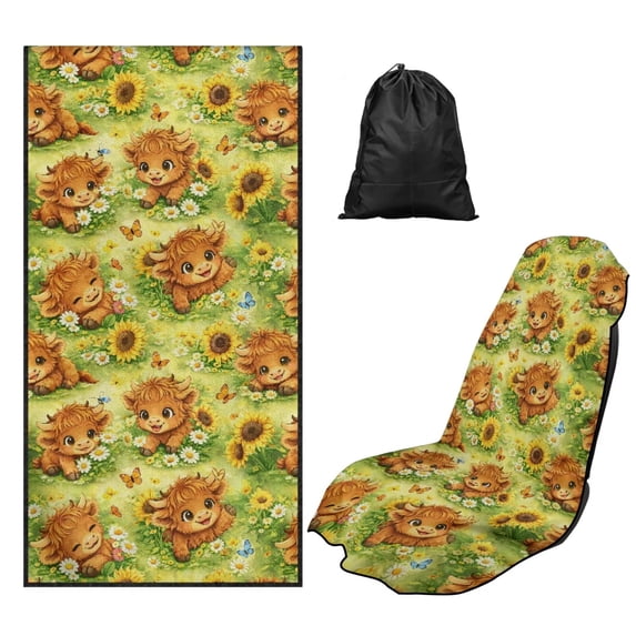 Bulopur Highland Cow Front Car Seat Cover Towel Sunflower Field Waterproof Car Seat Protector with Storage Bag for Yoga Vacation Soft Fit SUV Sedan Truck 1pcs