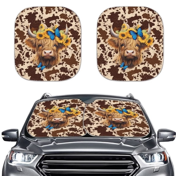 Bulopur Highland Cow Leopard Print Windshield Sun Shade Prevent Sunlight Retractable Windshield Sun Shade 2 Pcs Universal Car Window Shades Fit Most SUVs Trucks Vans