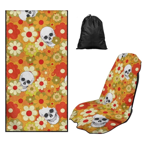 Bulopur Hippie Floral Front Car Seat Cover Towel for Men Skull Decorative Car Seat Protector with Storage Bag for Vacation Running Portable Fit SUV Sedan Truck 1pcs