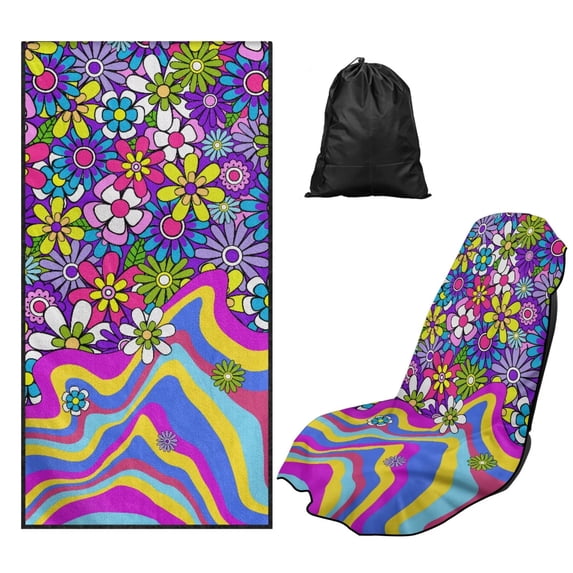 Bulopur Hippie Floral Print Front Car Seat Cover Towel for Women Waterproof Car Seat Protector with Storage Bag for Yoga Vacation Soft Fit SUV Sedan Truck 1pcs