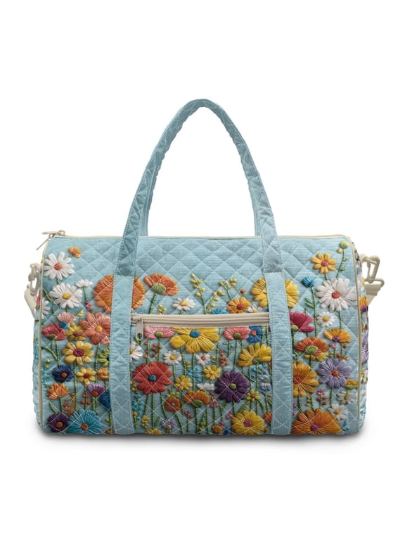 Hippie Flower Print Quilted Duffle Bag for Travel Adjustable Personal Item Travel Bag Waterproof Carry on Bags with Pockets for Travel Gym Sports Workout