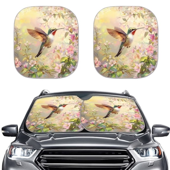 Bulopur Hummingbird Floral Windshield Sun Shade Prevent UV Rays Front Windshield Sun Shade Durable Fabrics Automotive Interior Sun Protection for Most Vans Trucks SUVs, Set of 2