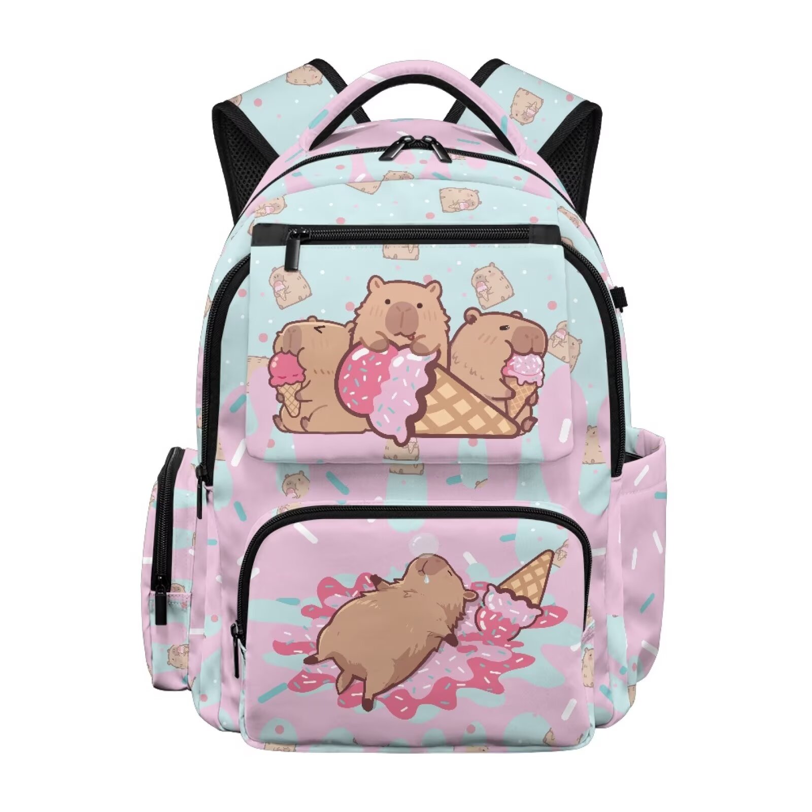 Mochila infantil de capibara con helado, estampado kawaii de animales, ligera, transpirable, duradera, impermeable y con múltiples bolsillos para niños de 6 a 12 años