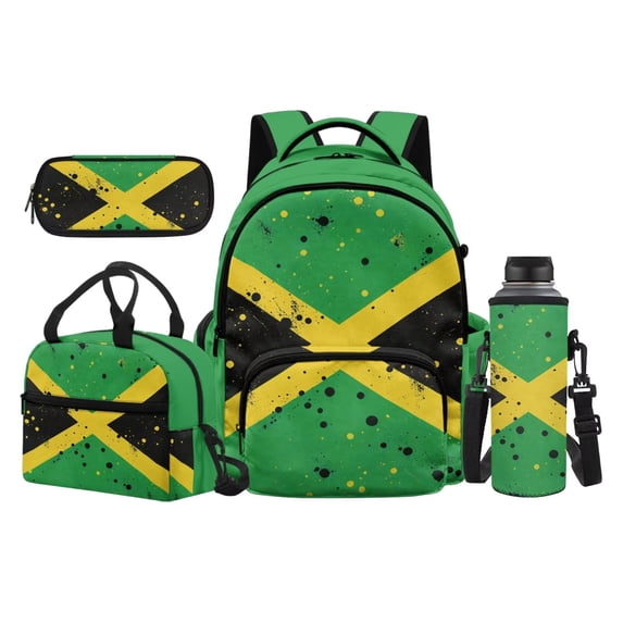 Bulopur Jamaica Flag Kids School Backpack Set 4 Pcs Breathable Lightweight Kids School Bag with Lunch Box, Pencil Case and Water Bottle Cover for Kids