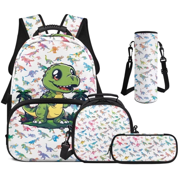 Bulopur Kids 17 Inch Backpack 4 in 1 Cartoon Dinosaur Pattern School Bag with Lunch Bag, Water Bottle Sleeve and Pencil Case for Kids Aged 4-8