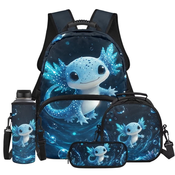 Bulopur Kids 17 Inch Backpack Set, 4 PCS Axolotl Print School Bookbag with Lunch Box, Water Bottle Holder and Pencil Case, Kids School Bag for Elementary