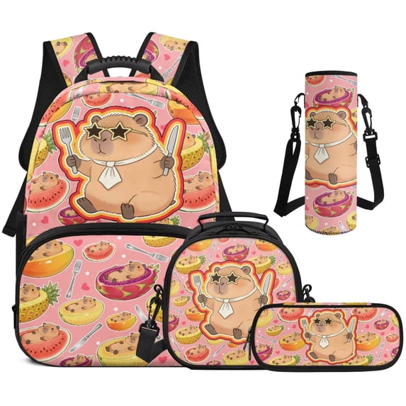 Bulopur Kids 17 Inch School Backpack, 4 PCS Pink Watermelon Chef Capybara Print Bookbag with Lunch Box, Water Bottle Holder and Pencil Case for Kids Aged 4-8