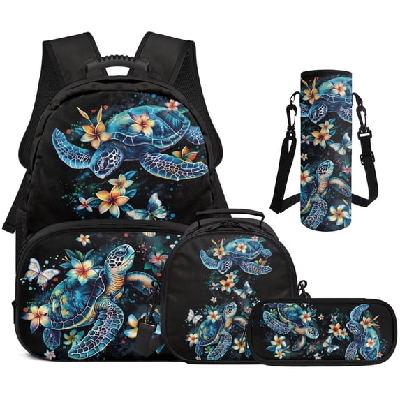 Bulopur Kids 17 Inch School Backpack, 4 Piece Ocean Flower Turtle Print Bookbag with Lunch Box, Water Bottle Holder and Pencil Case for Elementary Students