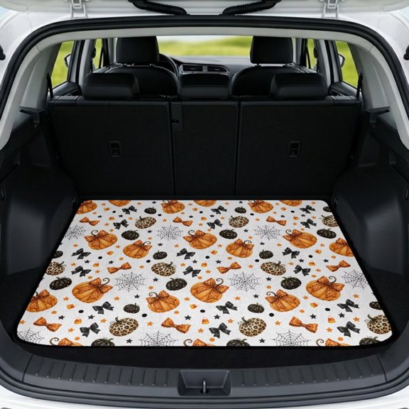 Bulopur Leopard Pumpkin Spider Car Trunk Mat 29" x 39", Fall Pumpkin Star Web Print Cargo Liner, Waterproof Non-Slip Rear Cargo Mat for Holiday Season