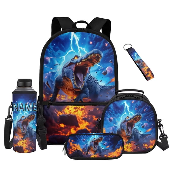 Bulopur Lightning Volcano Crocodile Kids Backpack Set 5 Pcs Trendy Adventure Book Bag with Lunch Bag, Pencil Case, Water Bottle Cover and Wrist Strap for Wild Animal Boys Ages 6-12
