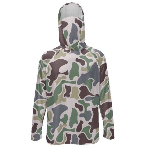 Bulopur Men’s Long Sleeve Fishing Shirt with Mask Green Camo Print UV Protection Sun Hoodie, Breathable Quick Dry Rash Guard for Outdoor Adventure