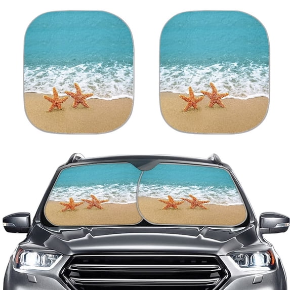 Bulopur Ocean Starfish Sun Shade for Car Windshield Sun Protection Sun Shield for Car Windshield Durable Fabrics Auto Front Window Sunshade Covers for Most SUVs Vans Trucks, 2 Pcs