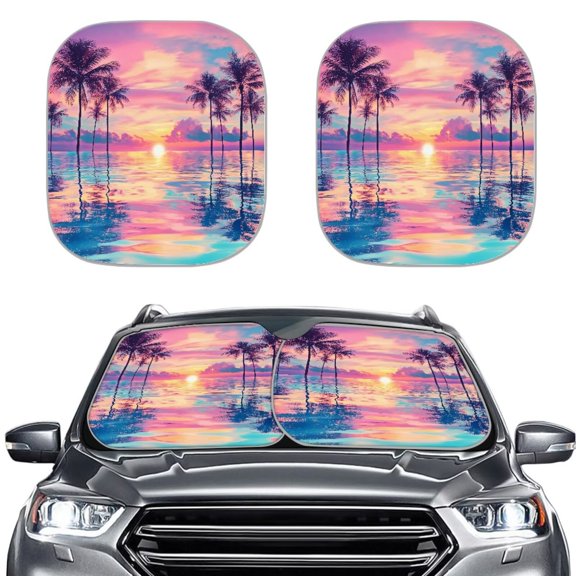 Bulopur Palm Tree Colorful Print Car Windshield Sunshade UV Reflector Retractable Windshield Sun Shade Easy to Use Automotive Sunvisor Protector for Most Trucks SUVs Vans, 2 Pieces
