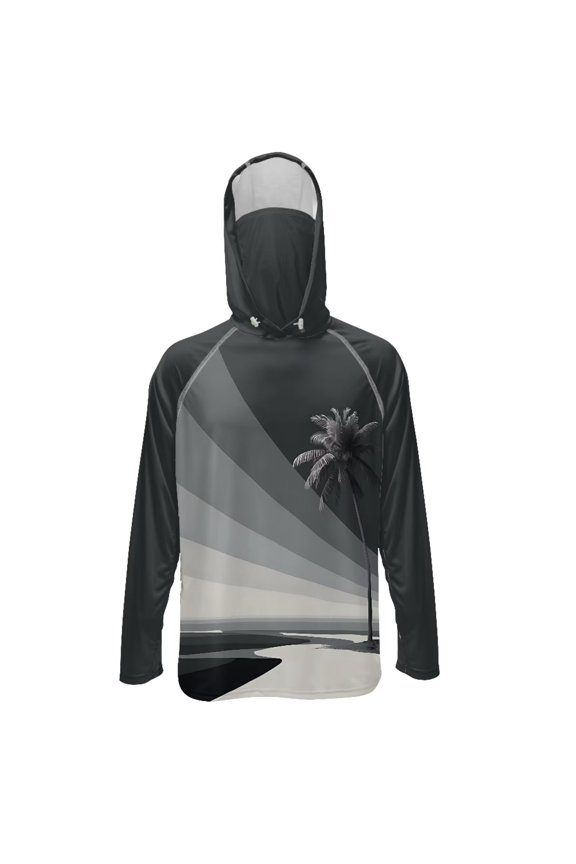Palm Tree Men’s Quick Dry Hooded Rash Guard, UPF 50+ Sun Protection Fishing Shirt with Breathable Face Cover and Lightweight Feel