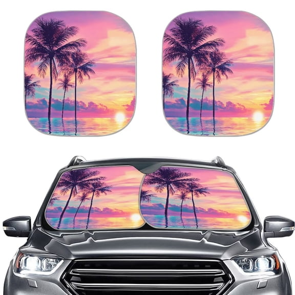 Bulopur Palm Tree Purple Windshield Sun Shade Blocks Heat and Sun Sun Windshield Shade for Car with Shortage Bag Vehicle Sun Visor Protector 2 Pcs Car Window Shades for Most Cars