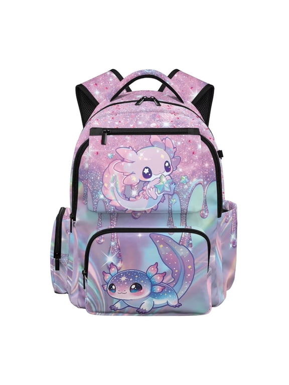 Pastel Pink Drip Glitter Star Axolotl Kids Backpack for Girls, Kawaii Sparkle Salamander Print School Bag Lightweight/Breathable/Durable/Waterproof Multi-Pocket Book Bag for Daily Use
