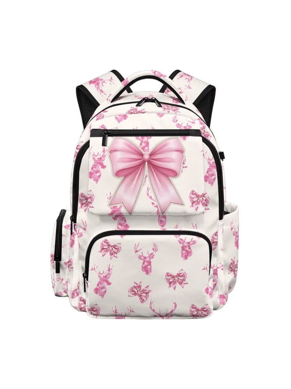 Pink Bow Kids Backpack for Girls, Camo Deer School Bag Lightweight/Breathable/Durable/Waterproof Multi-Pocket Book Bag for Back to School