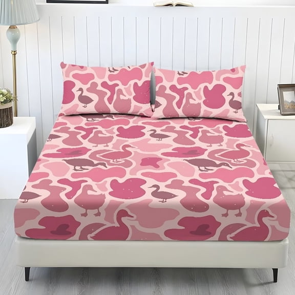 Bulopur Pink Duck Camo Twin Size 3-Piece Fitted Sheet Set, Cute Pink Duck Camo Print on Soft Lightweight Microfiber, All-Around Elastic Deep Pocket Fitted Sheet for Girls Bedroom Decor