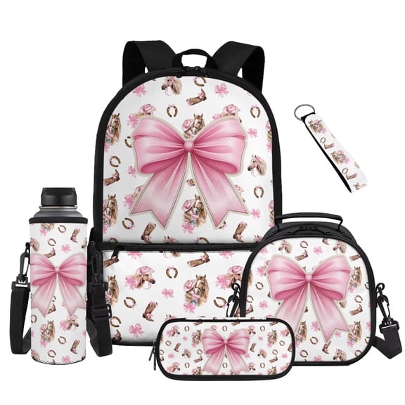 Bulopur Pink Floral Horse Bow Kids Backpack Set 5 Pcs Lightweight Girls School Bag with Lunch Bag, Pencil Case, Water Bottle Cover and Wrist Strap for Girls 7-12