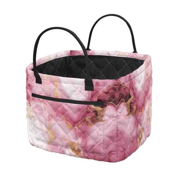 Bulopur Pink Gold Marble Print Quilted Laundry Basket Foldable Storage Basket with Handles Modern Laundry Baskets for Home Decorative Organization for Bedroom Bathroom