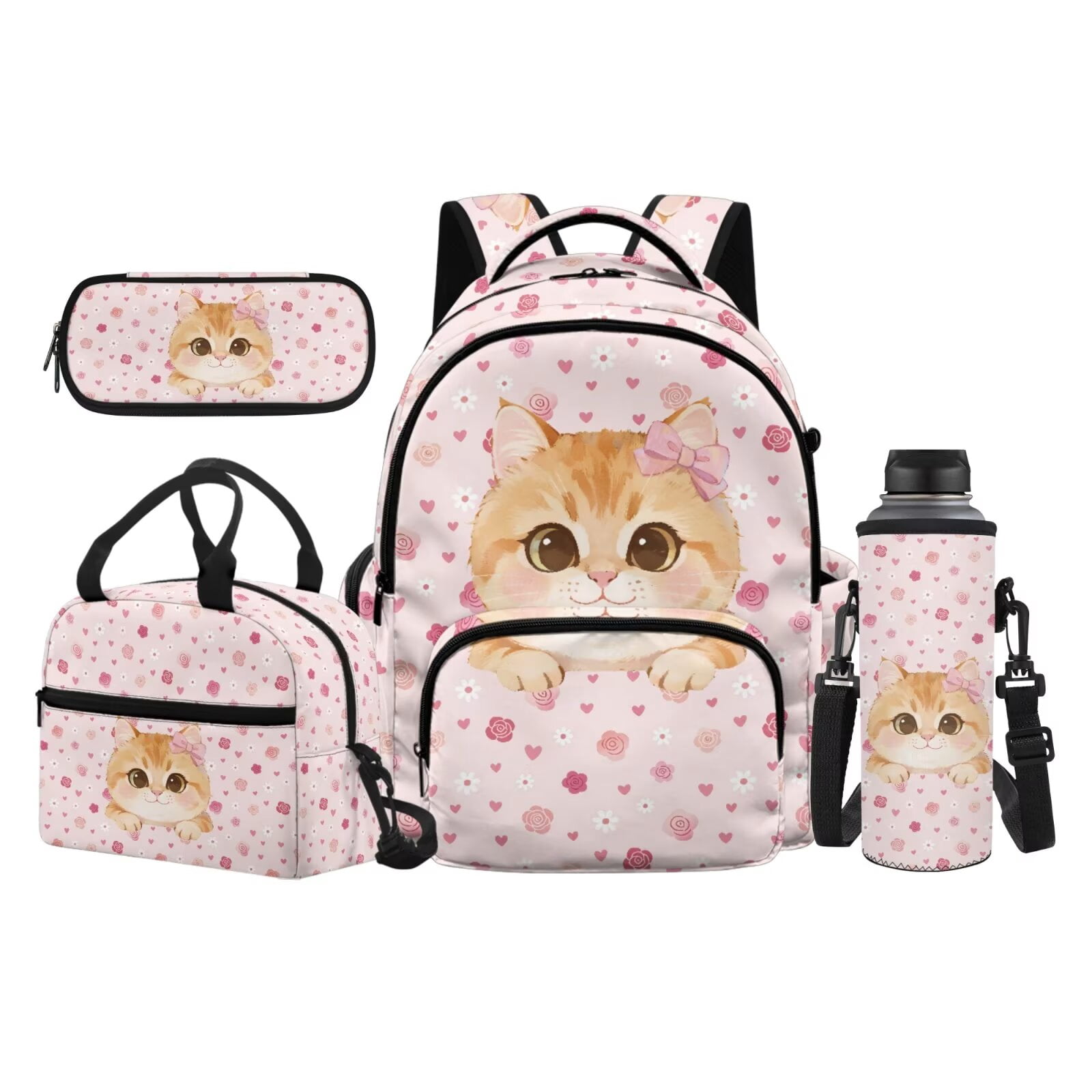 Bulopur Pink Rose Print Kids Backpack Set 4 Pcs Waterproof Durable Kids ...