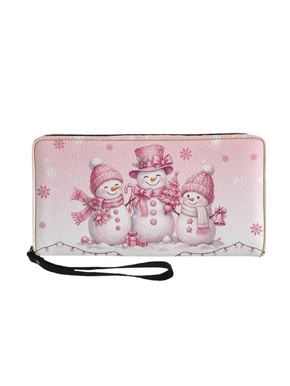 Pink Snowman Pattern Zip Around Wristlet Wallet for Women PU Leather Clutch Purse Classic Card Holder with Wrist Strap for Weekend, Gift for Women
