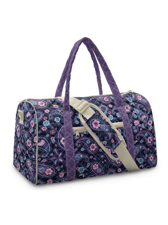 Purple Paisley Quilted Duffle Bag for Women Large Capacity Carry On Bag for Gym with Pockets Portable Travel Weekender Bags for Hospital, Camping, Airplanes