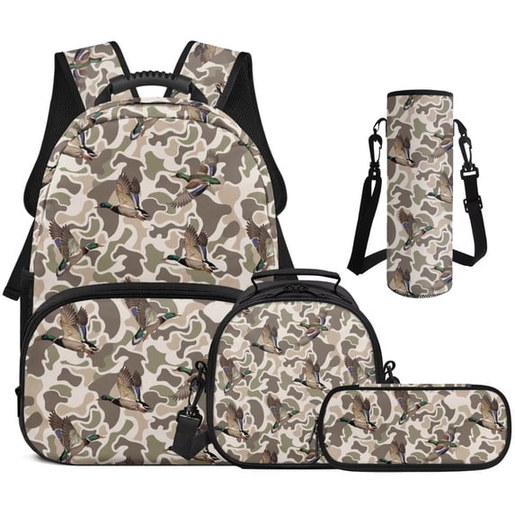 Bulopur Real Duck Camo Kids Backpack Set 4 Pcs Breathable Outdoor Book Bag with Lunch Bag, Pencil Case and Water Bottle Cover for Wildlife Hunting Kids Ages 6-12