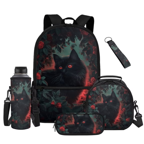 Bulopur Red Rose Black Cat Kids Backpack Set 5 Pcs Gothic Cool Kids Bookbag with Lunch Bag, Pencil Case, Water Bottle Cover and Wrist Strap for Teen Girls Grade 1-6