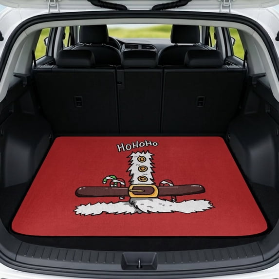 Bulopur Santa Belt Car Trunk Mat 29" x 39", Red Background Cartoon Santa Belt Print Cargo Liner, Waterproof Non-Slip Rear Cargo Mat for Xmas Travel