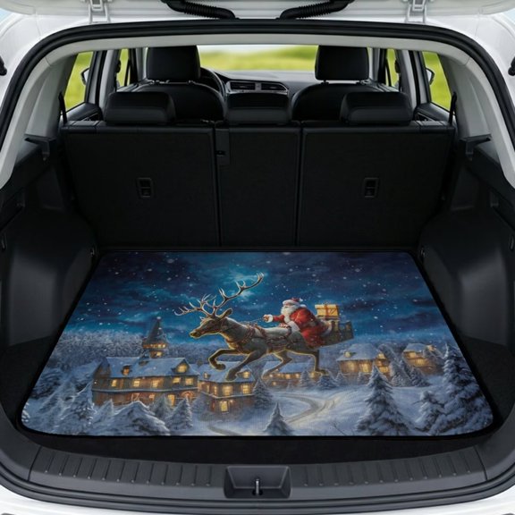 Bulopur Santa Car Trunk Mat 29" x 39", Dark Night Winter Village Print Cargo Liner, Waterproof Non-Slip Rear Cargo Mat for Christmas Driving
