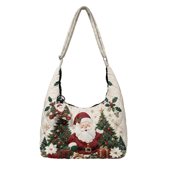 Bulopur Santa Quilted Shoulder Bag for Women Hobo Purse Handbag with Matching Charm, Large Capacity, Adjustable Strap, Travel, Holiday, Gift for Mom