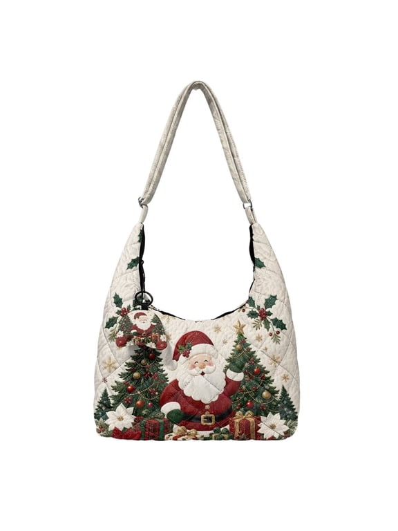 Santa Quilted Shoulder Bag for Women Hobo Purse Handbag with Matching Charm, Large Capacity, Adjustable Strap, Travel, Holiday, Gift for Mom
