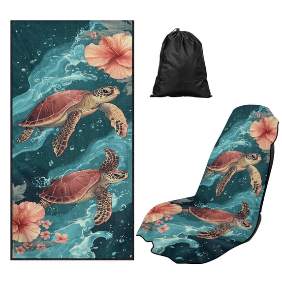 Bulopur Sea Turtle Front Car Seat Towel for Women Hibiscus Breathable Sweat Carseat Protector with Storage Bag for Beach Vacation Soft Fit SUV Sedan Truck 1pcs